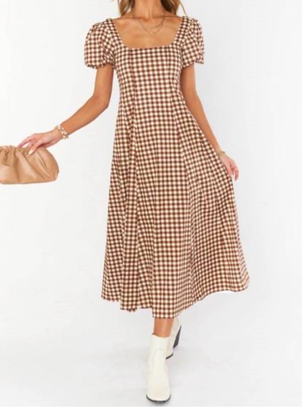 SHOW ME YOUR MUMU XL FALL Mia Midi Brown Gingham Cottagecore Puff Sleeves Dress